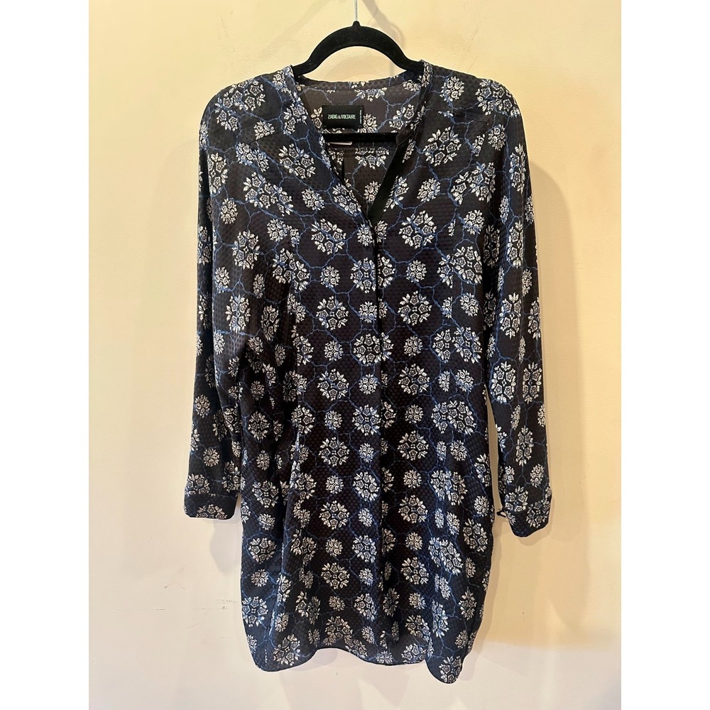 Zadig & Voltaire Rine Print 100% Silk Mini Dress Navy Floral Parisian Sz 10 $535